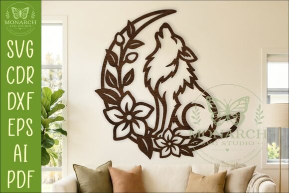 Floral Wolf Moon Wall Art SVG Sign for Laser Cutting and Wall Decor