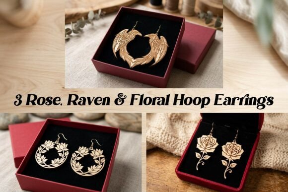 Rose, Raven Floral Hoop Earrings Laser